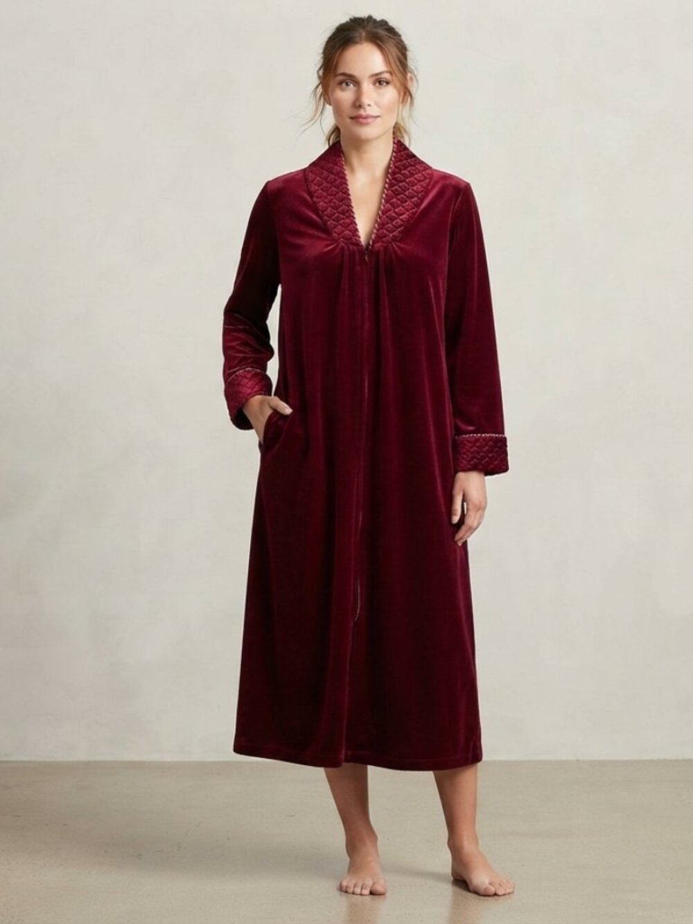 Vintage Adonna Burgundy Velvet Quilted Collar & Cuff Zip Robe Medium